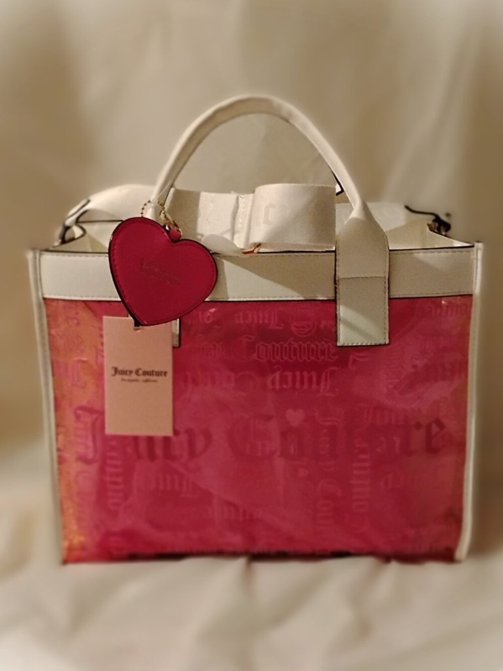 Juicy Couture Large Beachin Tote - Pink/Yellow/White/Clear w/Solid Pouch Set - Picture 2 of 15